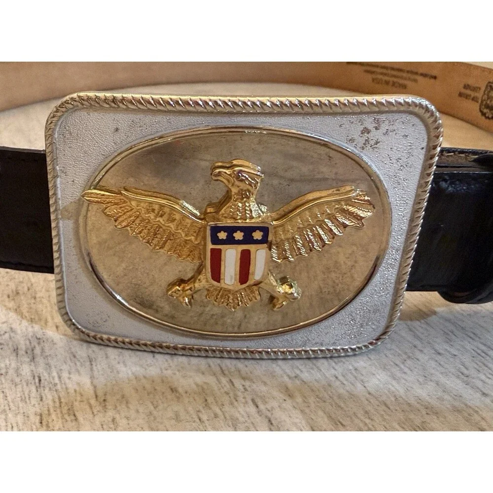 Vintage USA Eagle Belt Buckle Red White Blue Stars Shield Rope Edge Patriotic